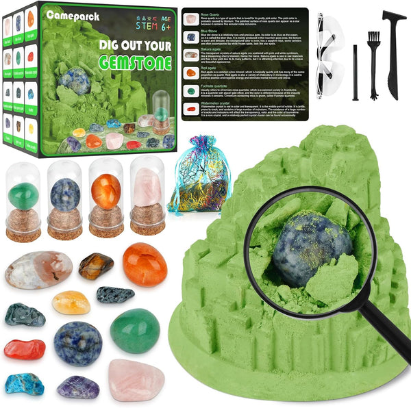 Gemstone Dig Kit - Unique Shape STEM Science Kit for Kids to Excavate 12 Real Gemstones, Educational DIY Toys