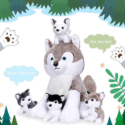 5PCS Wolf Plush Toys, 13.4 Inch Wolf Mom with Mini Babies, Stuffed Animal Family Set for Girls Boys Christmas