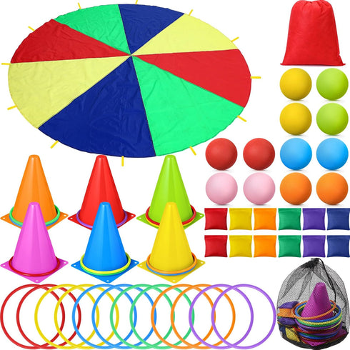 43 Pcs 3 in 1 Carnival Outdoor Games Combo Set for Kids, Includes 6 Plastic Cones, 12 Ring, 12 Bean Bags, 10 Foot