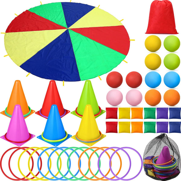 43 Pcs 3 in 1 Carnival Outdoor Games Combo Set for Kids, Includes 6 Plastic Cones, 12 Ring, 12 Bean Bags, 10 Foot