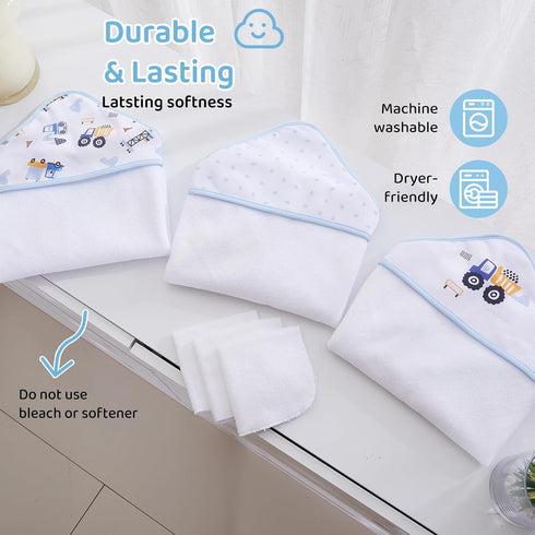 3 3 Mooreeke Baby Towel with Hood for Boys Blue Excavator Bath Towel for Babies Ultra Soft Absorbent PCS Baby Towels