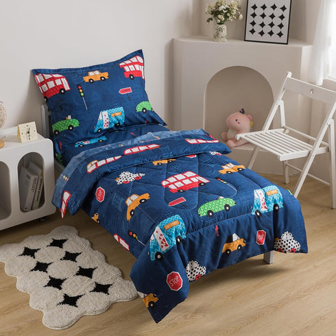 Set 4 Caressma Navy Toddler Bedding Bed-in-a-Bag Pieces, Soft Microfiber Kids Comforter with Cars,Buses & Traffic