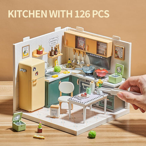 126Pcs Set 1:24 8+, Miniature Kitchen DIY House Kit Cooking Room Furniture with Plug-in LED Light & Modular Base, Scale