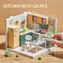 126Pcs Set 1:24 8+, Miniature Kitchen DIY House Kit Cooking Room Furniture with Plug-in LED Light & Modular Base, Scale