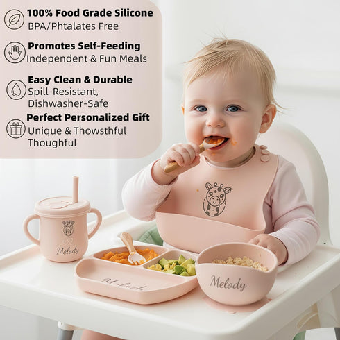 6pcs Set Y4) Personalized Name Food Grade Baby Feeding with Spoon, Fork,Silicone Suction Bowls,Cup,Plate,and bib BPA