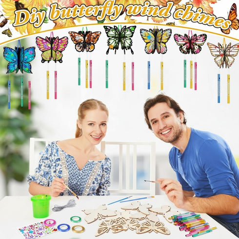 GlikCeil 30 Pack Summer Butterfly Wind Chime Making Kit Spring Make Your Own Wooden DIY Butterfly Wind Chime Arts