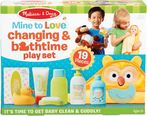 Set (19 Melissa & Doug Mine to Love Changing & Bathtime Play for Dolls Diapers, Pretend Shampoo,Wipes, Towel, More pcs)