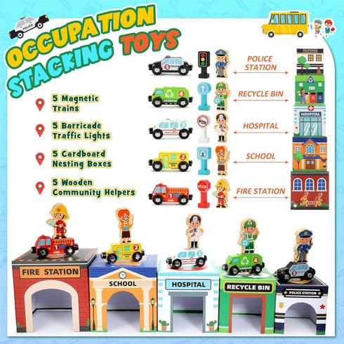 Community Baby Stacking Toys for Toddlers, Magnetic Wooden Cars & Garage Sorting Helpers Preschool Educational Learning