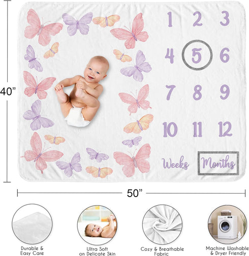 Sweet Jojo Designs Baby Milestone Blanket (Pink/Purple Shabby Chic Butterfly) for Girls, Infant Receiving Blankets