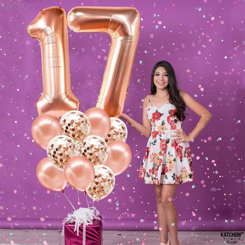 KatchOn Giant Rose Gold 17 Balloon Numbers, 40 Inch Birthday Balloons Set for Happy 17th Birthday Decorations