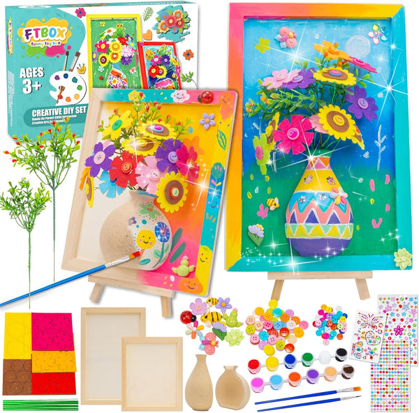 FTBox Crafts Gift for Girls, DIY 3D Felt Flowers Wooden Vase Picture Frame