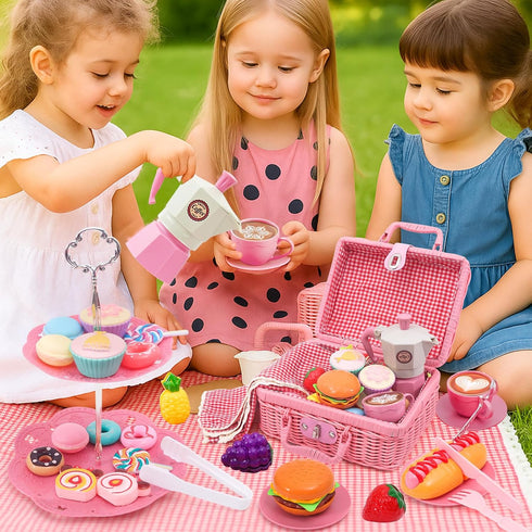 Set Set 3-8 HAPGFS Pink Pretend Afternoon Tea Party with Storage Basket, Play Food & Accessories for Girls, Tea Party