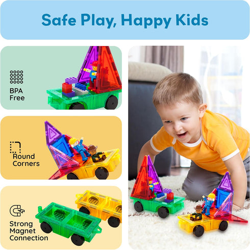 2pcs 3 PT21 PicassoTiles Magnetic Tiles Expansion Car Truck Building Blocks Compatible with regular bricks, Kids Magnet