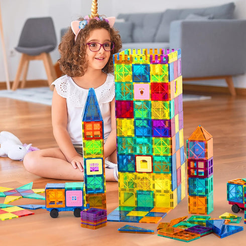 Magnetic Tiles, 100PCS Building Blocks Set for Kids, STEM Sensory Educational Toys with 2 Cars for Ages 3-9