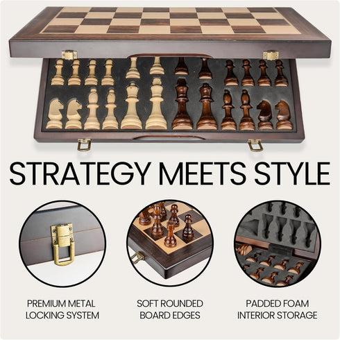 15" Set 2 Magnetic Wooden Chess - Folding Portable Travel Chess Board - Hand Carved Pieces - Foam Storage Slots - Extra