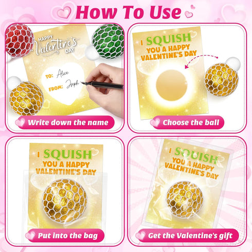 24 Valentines Day Cards for Kids School Classroom, Stretch Squeeze Balls Fidget Toys with Valentines' Cards, Valentines