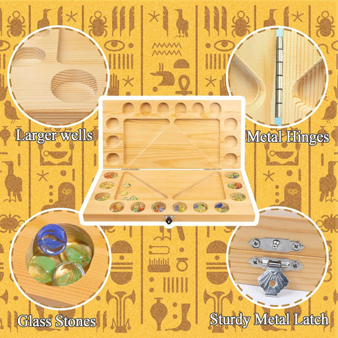 JstFrU 4 Set Players Mancala Board Game, Solid Wood Folding Mancala Board with Multi-Color Glass Stones, Mancala Family