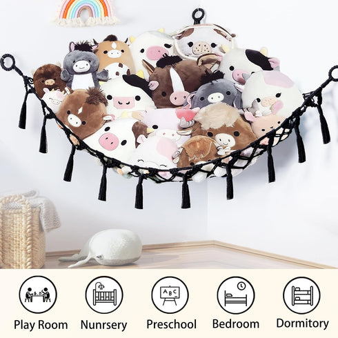 Yewiwin Hammock Hammock (Black(55"*55"*72")) Stuffed Animal Net or with Light, Macrame Hanging Net for Stuffed Animal