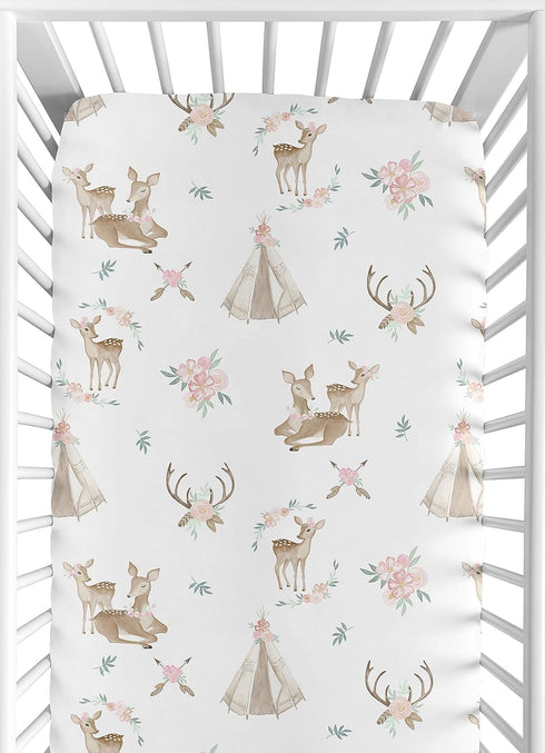 Sweet Jojo Designs Blush Pink, Mint Green and White Boho Baby or Toddler Fitted Crib Sheet for Woodland Deer Floral