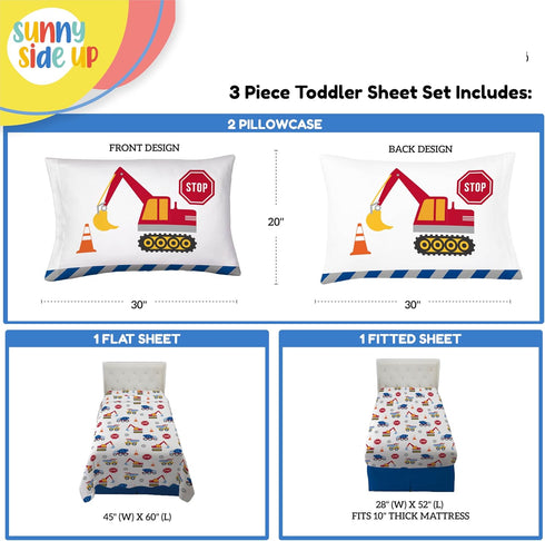 Set 3 Set Sunny Side Up Construction Zone Toddler Sheet - Piece Toddler Bedding Includes Pillow Cover - Super Soft