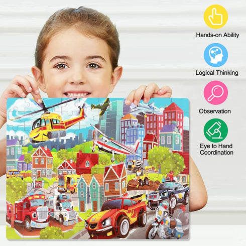 LELEMON - Vehicles Jigsaw Puzzles in Metal Box - 100 Pieces for Kids Ages 4-8 - Fire Truck, Ambulance, Police Car