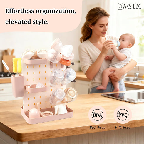 AKS B2C Countertop Baby Bottle Drying Rack Space Saving Vertical Rack with Brushes Holder (Pink)