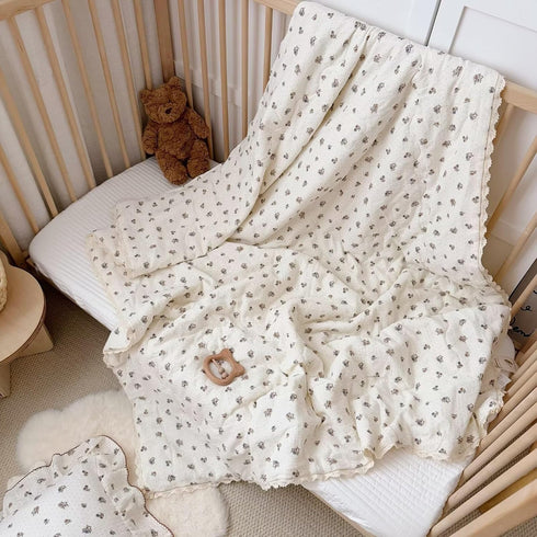47x59 Inches BuLuTu Pansy Flower Pattern Toddler Quilt Crib Size, Muslin Cotton Kids Comforter with Lace Edges, Chic