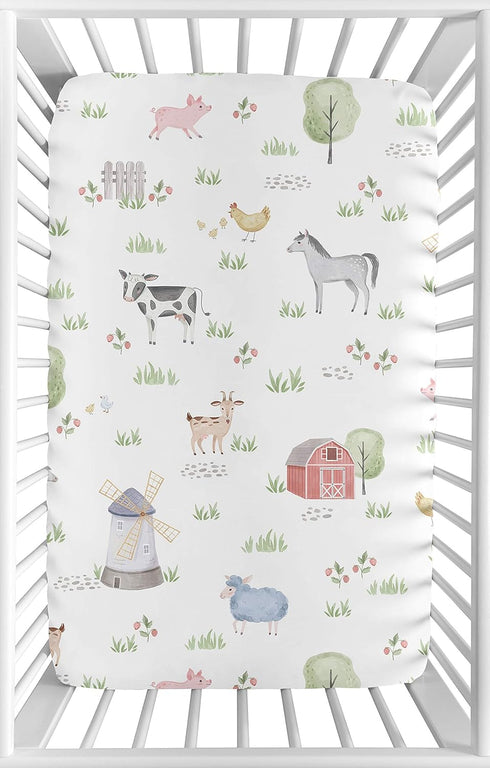Sweet Jojo Designs Watercolor Farmhouse Farm Animals Fitted Mini Crib Sheet for Baby Nursery, Boy or Girl, Portable
