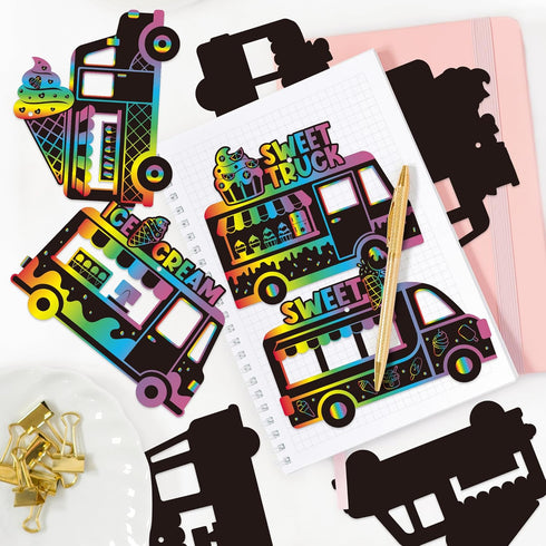 CY2SIDE 60PCS Summer Set Ice-Cream Truck Scratch Cards - Ice Cream Cart Scratch Craft Paper Ornament Gift for Kid