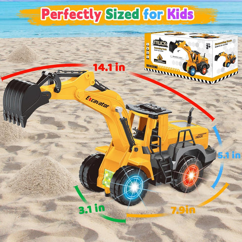 2 1 3 4 5 6 Car Toys for Toddlers, Excavator Toy with Flashing Lights Music, Toy Trucks Construction Vehicle