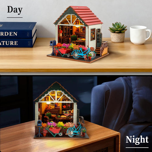 Roine Lxux 3D DIY Miniature Dollhouse Kits - Wooden Tiny Building Model Puzzle with LED Lights for Beginners - Craft