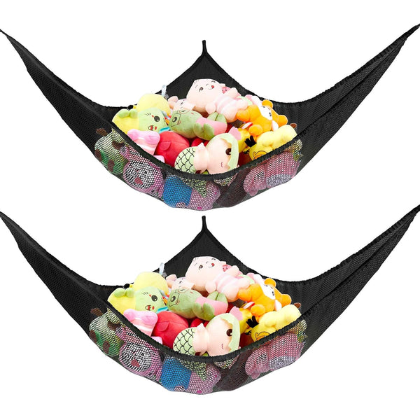 Jumbo Toy Net Hammock for Stuffed Animals, KoHuiJoo Wall Sling Corner Organizer, Black 2 Pack