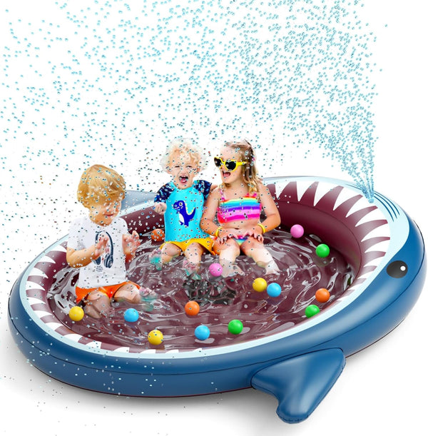 Jasonwell Inflatable Kiddie Pool Sprinkler: 71-Inch 3-in-1 Children Ball Pit Shark Baby