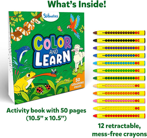 160+ 12 50 3, 4, 5, 6 Skillmatics Color & Learn Activity Book Learn Animals, Retractable Mess-Free Crayons & Pages