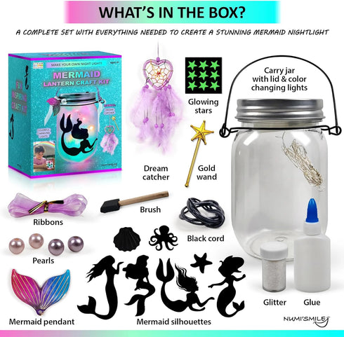 Mermaid Toy Lantern Night Light Craft Kit, DIY Mermaids Arts and Crafts, Birthday Gifts for Girls Ages 3-12