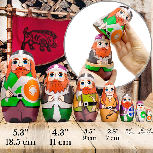 AEVVV Vikings Nesting Dolls Set of 7 pcs - Scandinavian Viking Home Decor for Boys - Muñecas Rusas
