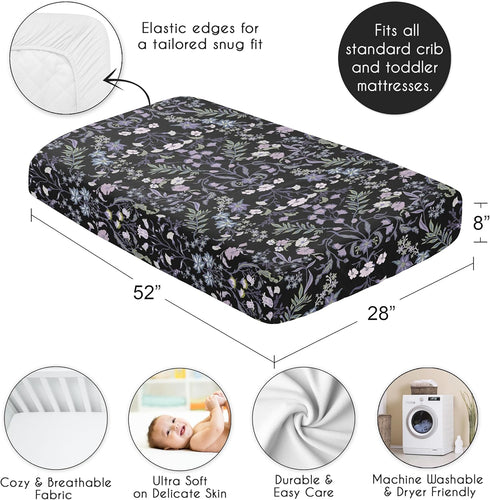 Sweet Jojo Designs Fitted Baby Crib Sheets (Black & Purple Wildflower Vintage Floral) for Girls, Infant Nursery