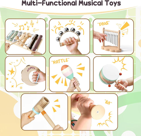 Miljgte 1-3, Set 12-18 Wooden Musical Instruments for Toddlers Montessori Percussion with Xylophone, Natural Music