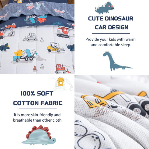 4 Set, Set DJY Pieces Cotton Toddler Bedding Dinosaur Cars Reversible Toddler Bed Comforter for Kids Boys Girls