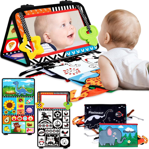 Tummy Time Baby Mirror Toys 0-6 6-12 Months, High Contrast Infant Toys with Crinkle Cloth Book and Teether