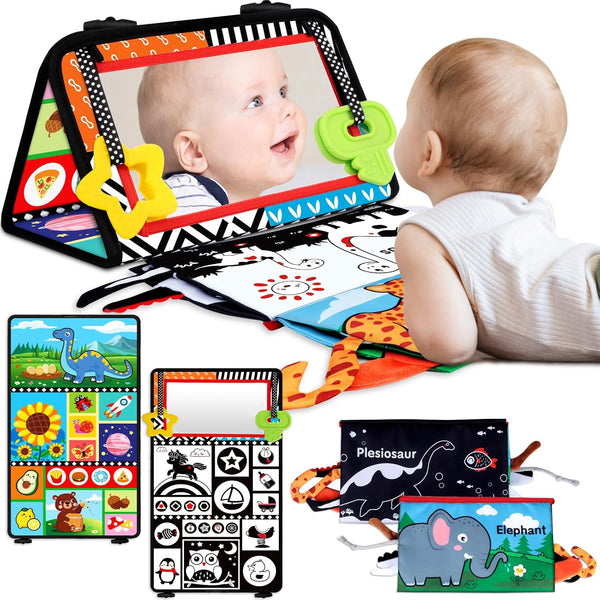 Tummy Time Baby Mirror Toys 0-6 6-12 Months, High Contrast Infant Toys with Crinkle Cloth Book and Teether