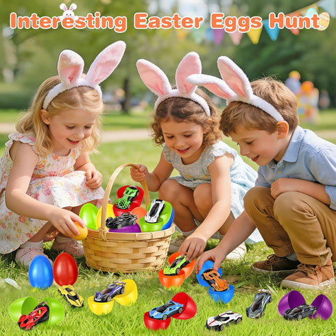 12 Pack Shemira Easter Eggs Filled with Die-cast Racing Cars for Kids Boys Easter Basket Stuffers, Prefilled Easter