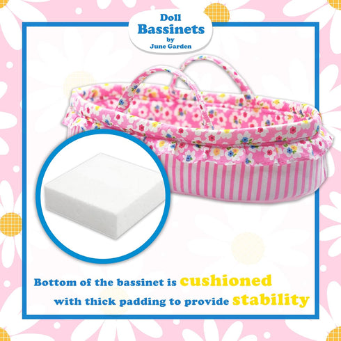 June Garden Cozy Dream Doll Bassinet - Portable Carrier for Baby Dolls up to 14", Soft Pillow & Safety Buckle