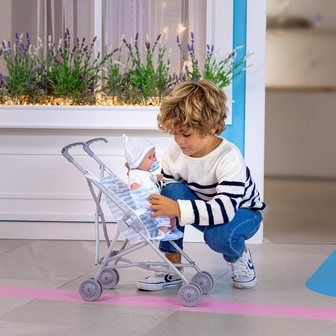 2 18 JC Toys Boutique | Folding Umbrella Doll Stroller for Children Years Plus, Blue Stripes and Soft Embroidery |