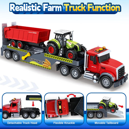 3 4 5 6 7 21" Bstoyder Toddler Boy Toys for Years Kids, Semi Flatbed Truck Toy with a Farm Truck, Friction Powered