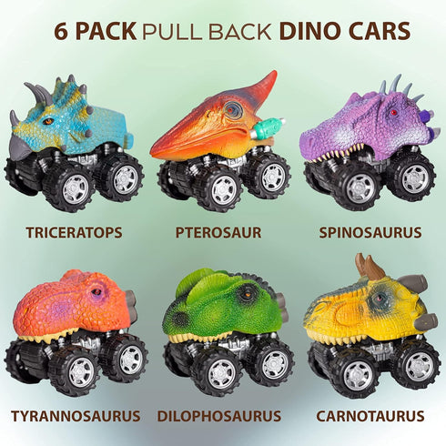 6 Pack Pull Back Dino Cars, Dinosaur Car Toys for Kids, Pull Back Dinosaur Cars Set