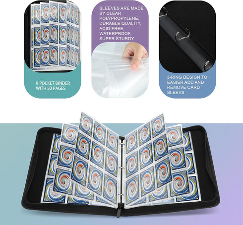 9 Pockets Trading Card Binder with Sleeves Card Organizer, 900 Double Sided Pocket PU Card Collection Binder, Baseball Binder,for Sports Card, MTG, TCG Yugioh Card (Blue) by TCGUARD