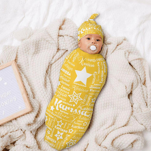 YallLocoMo Sets Custom Newborn Swaddle Blankets Hat Yellow Star Name Text Soft Baby Receiving Blanket Swaddle Sack