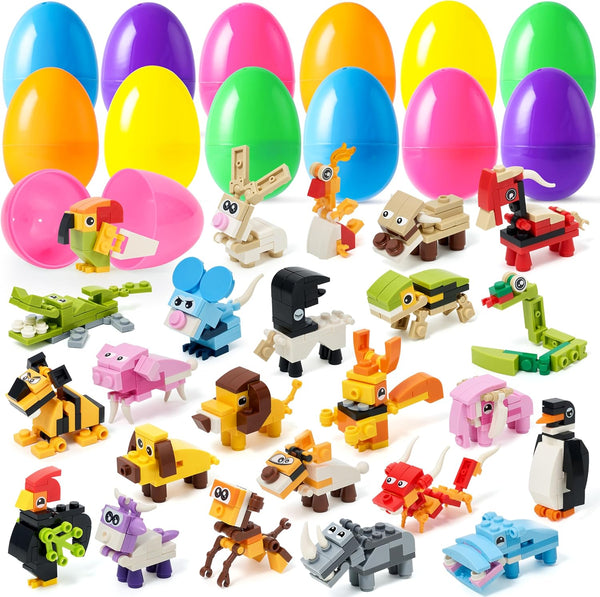 JOYIN 24 Packs Prefilled Easter Eggs with Toys, Cute Animals Building Blocks