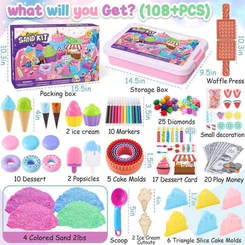 2lb Set 3 4 5 6 7 8 Golray Ice Cream Sensory Bin for Girls, Play Sand Art Kit with Sandbox, Magic Sand, Cake & Waffle